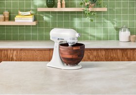 KitchenAid Artisan 4.7L Porcelain White Stand Mixer With Walnut Wood Bowl Lifestyle