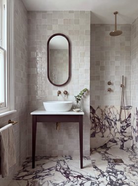 Journeyman Zellige White 10cm x 10cm & Bordeaux Marble Novo Matt 60cm x 60cm
