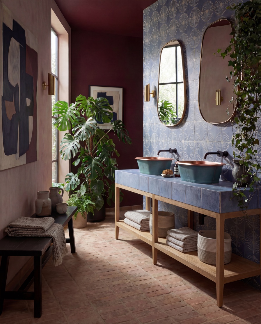 Havana Night Fan Indigo, Indigo Plain 20cm x 20cm & Real Terracotta Parquet 30.5cm x 7.5cm