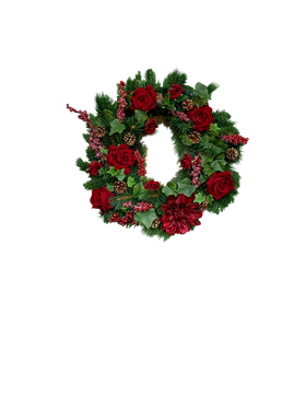 Classic Red Christmas Wreath with Velvet roses, cones and frosted berries