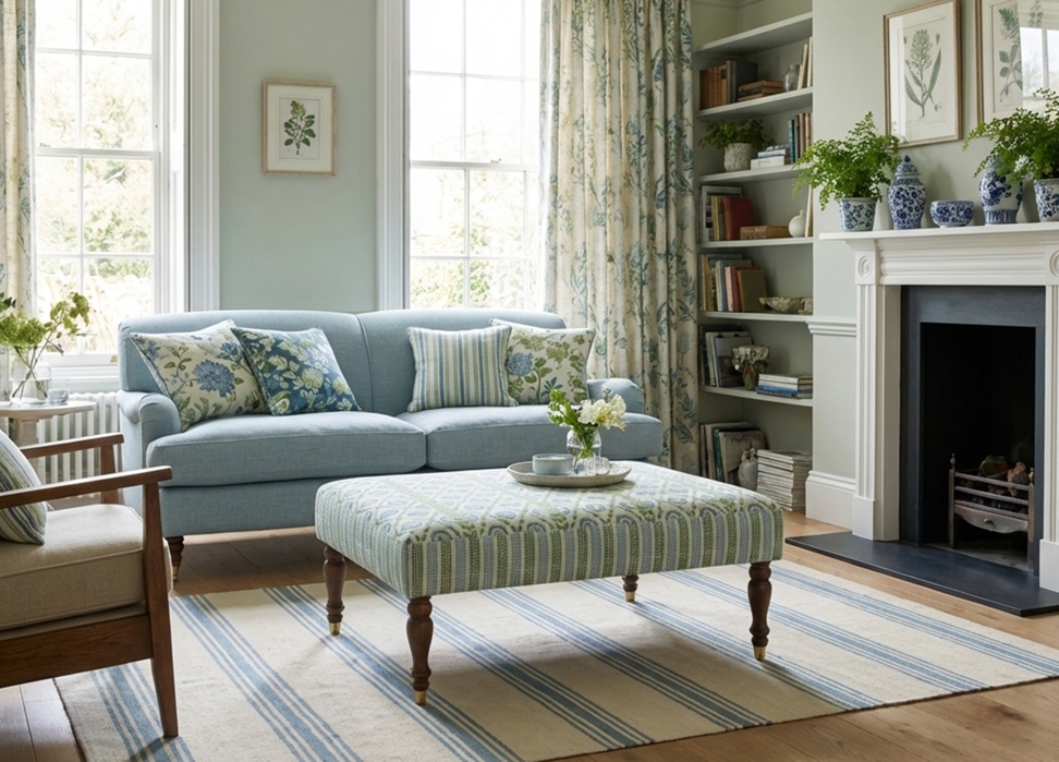Large Ottoman in Charlotte Gaisford Piccadilly Green Combo