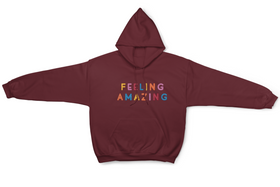 Feeling Amazing Slogan Burgundy Oversize Organic Cotton Hoodie On Model