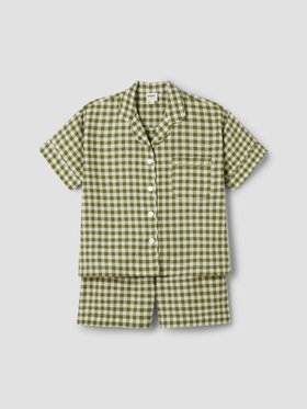 Botanical Green Gingham Linen Blend Pyjama Short Set