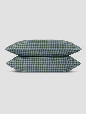 Fern Green & Dusk Blue Colour Drenched Gingham Linen Blend Pillowcases (Pair)
