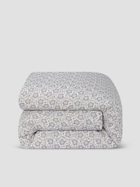 Dusk Blue Folk Floral Linen Blend Duvet Cover