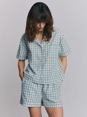 Warm Blue Gingham Linen Blend Pyjama Short Set
