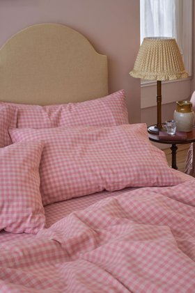 Dusty Pink & Rose Colour Drenched Gingham Linen Blend Duvet Cover