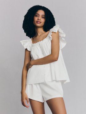 White Embroidered Cotton Frill Cami Shorts Set