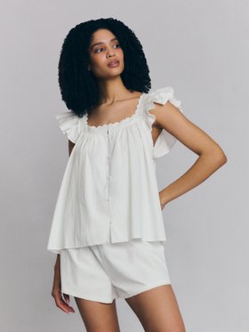 White Embroidered Cotton Frill Cami Shorts Set