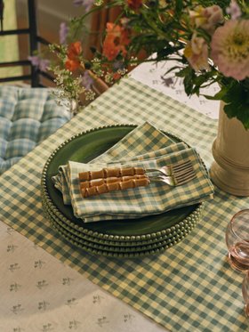 Elm Green & Butter Yellow Gingham Linen Blend Table Runner