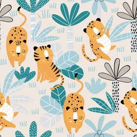 Beige Children's Tiger & Leopard Wallpaper
