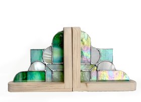 Green Iridescent Stained Glass Bookends
