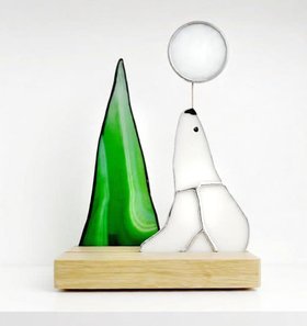 Stained Glass 3D Polar Bear with Full Moon and Fir Tree