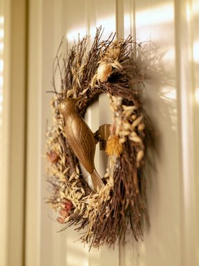 Handmade Woodpecker Brass Door Knocker with Autumn Wreath