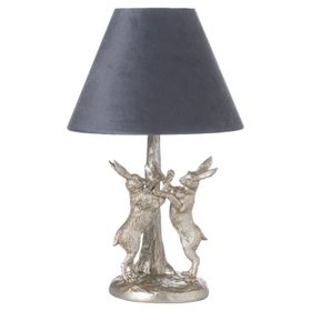 Silver Boxing Hares Table Lamp with Grey Shade