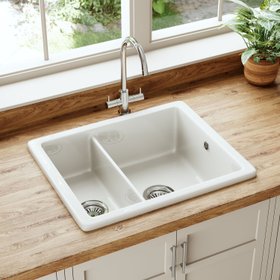Butler & Rose Bryn Reversible 1.5 Bowl White Ceramic Inset/Undermount Kitchen Sink & Waste Kit - 555 x 460mm