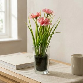 Faux Pink Daisy in Glass Vase