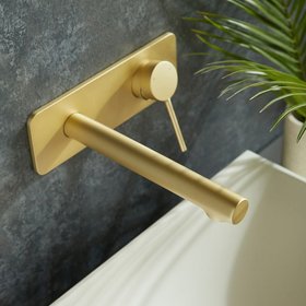 Vado Safari Lever Satin Brass 2 Tap Hole Wall Mounted Basin Mixer With Back Plate