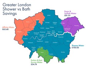 Map of Greater London Shower Savings vs Baths