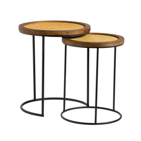 Virginia Nesting Side Tables - Rattan Top - Black Metal Frame