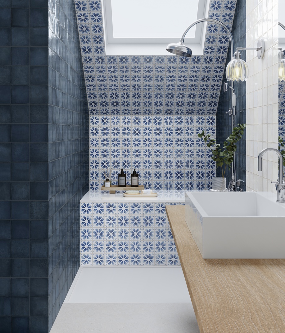 Dakota Ice Decor & Dakota Bilberry wet room tiles from Hyperion Tiles Ts&Cs: Always use product links for digital use
