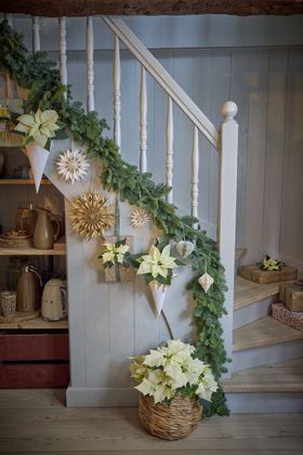 Christmas garlands and wreaths with fresh flowers