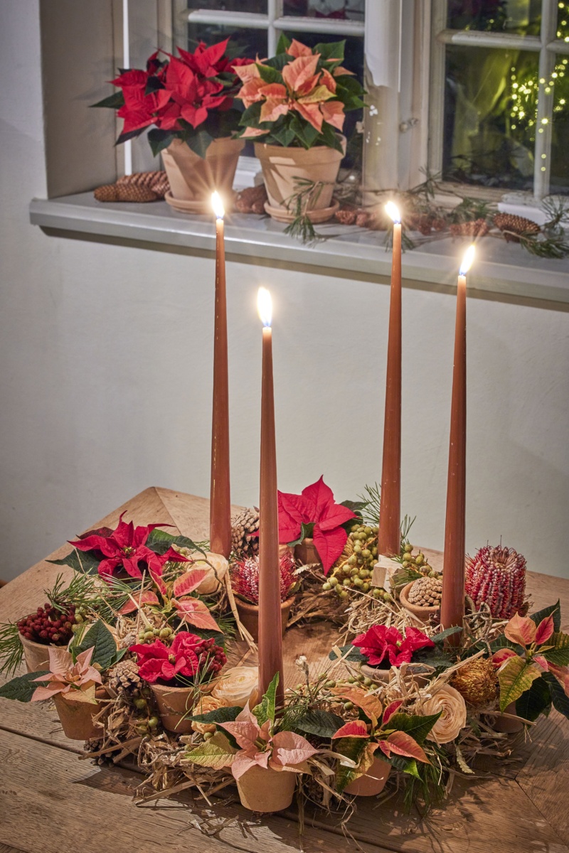 Advent wreath with candles and poinsettias