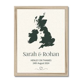 Personalised Map Print with Heart Location Pin - Wedding Print - Natural Frame