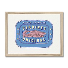 Sardine Painting | Cornish Blue Tin of Sardine Print | Colourful Kitchen Art - Natural Frame