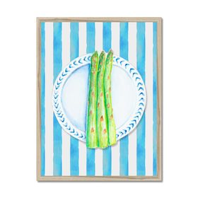 Asparagus Painting on Blue Stripe - Kitchen Wall Art - Natural Frame