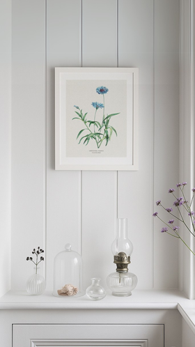 Cornflower Painting - Vintage Flower Print - Botanical Art - White Frame