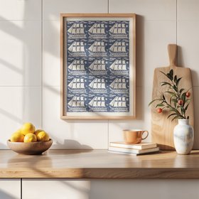 Vintage Ship Art - Blue & White Folk Ship Pattern Print -  Natural Frame
