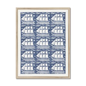 Vintage Ship Art - Blue & White Folk Ship Pattern Print -  Natural Frame