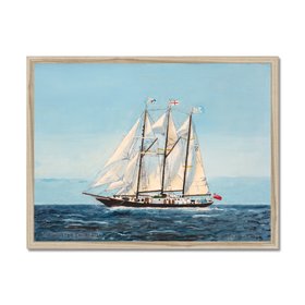 Vintage Ship Print - Hand-painted Sailing Yacht Art Print - Natural Frame
