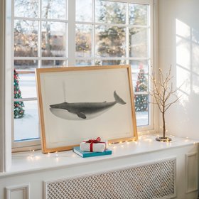 Vintage Whale Print - Blue Whale Art -  Natural Frame