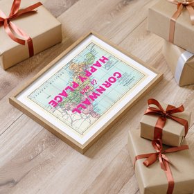 Custom Map Print for Any Location - Personalised Vintage Map Print -Pink Font - Natural Frame