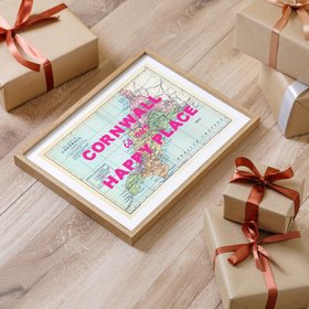 Custom Map Print for Any Location - Personalised Vintage Map Print -Pink Font - Natural Frame