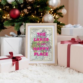 Custom Map Print for Any Location - Personalised Vintage Map Print -Pink Font - Natural Frame