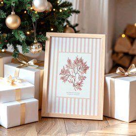 Seaweed Print - Pressed Seaweed Art on Stripe Background (Fernweed No 2) - Natural Frame