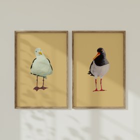Seagull Painting - Bird Art Print - Yellow Sand - Natural Framed