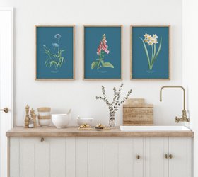 Foxglove - Botanical Art Vintage Flower Print - Marine Blue - Natural Framed