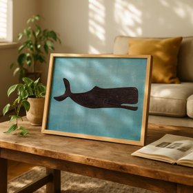 Weathervane Whale Art - Vintage Whale Print - Blue - Natural Framed