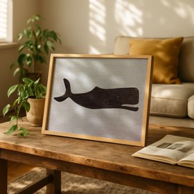 Weathervane Whale Art - Vintage Whale Print - Grey - Natural Framed