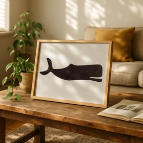Weathervane Whale Art - Vintage Whale Print - Paper Background - Natural Framed