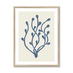 Abstract Indigo Seaweed Art Print No 2 - Coastal Graphic Wall Decor - Handcrafted Lino Cut Design - Natural Frame
