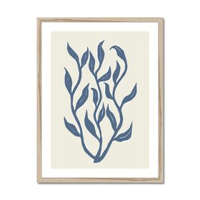Abstract Indigo Seaweed Art Print No 1 - Coastal Graphic Wall Decor - Handcrafted Lino Cut Design - Natural Frame