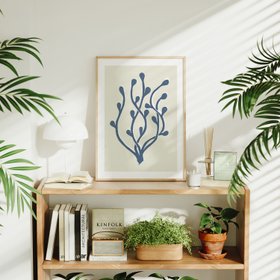 Abstract Indigo Seaweed Art Print No 2 - Coastal Graphic Wall Decor - Handcrafted Lino Cut Design - Natural Frame