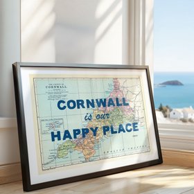 Cornwall is our Happy Place Print - Navy Font - Cornwall Map Print - Black Frame