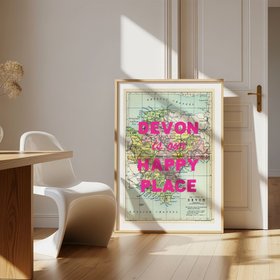 Custom Map Print for Any Location - Personalised Vintage Map Print - Pink Font - Natural Frame