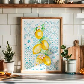Lemon Print on Blue Mediterranean Tiles - Kitchen Art - Natural Frame